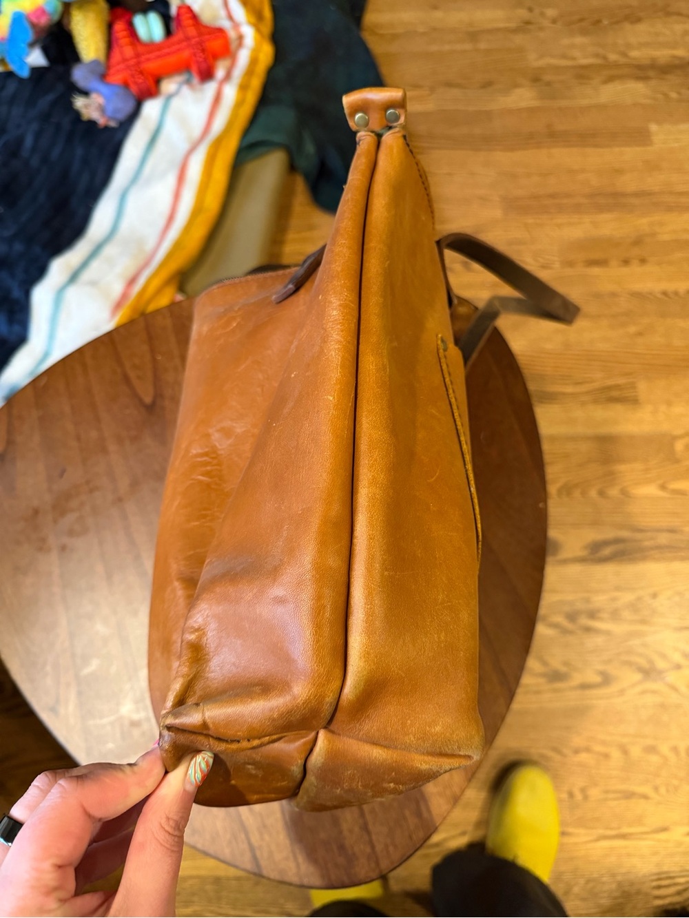 As Is Portland Leather Cognac Brown Leather Tote with Dark Brown Handles - Picture 4 of 6
